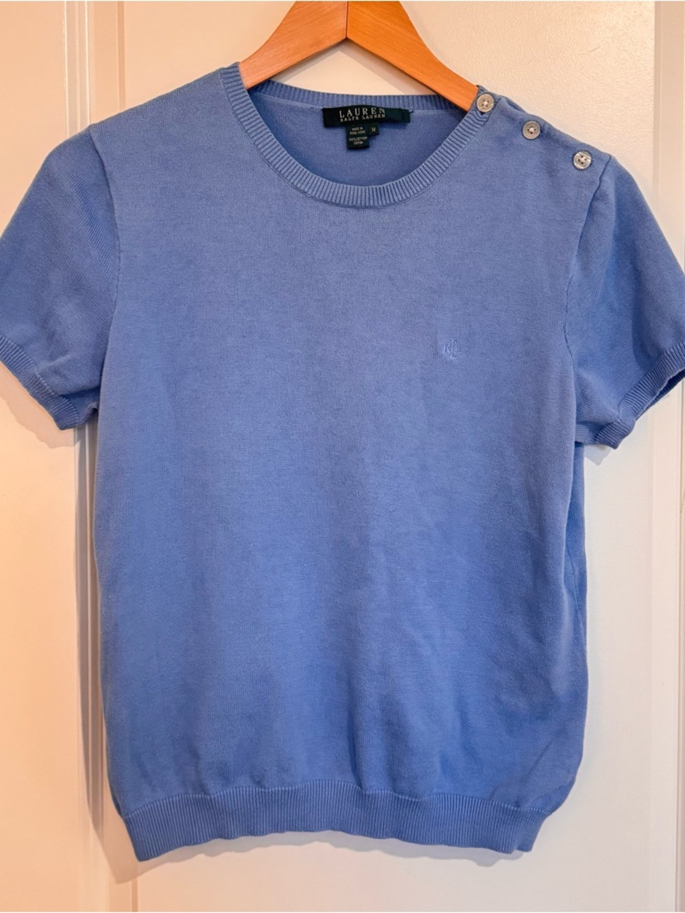 LRL Ralph Lauren Women Blue Short Sleeve Monogram Sweater Med Button Arm Detail